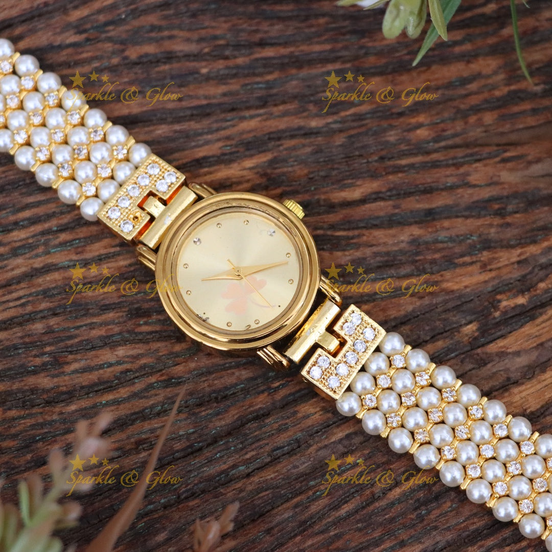 Elegant Gold-Plated Pearl Watch Bracelet for Festive Looks