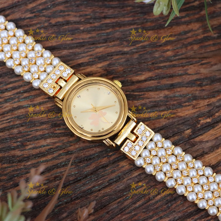 Elegant Gold-Plated Pearl Watch Bracelet for Festive Looks