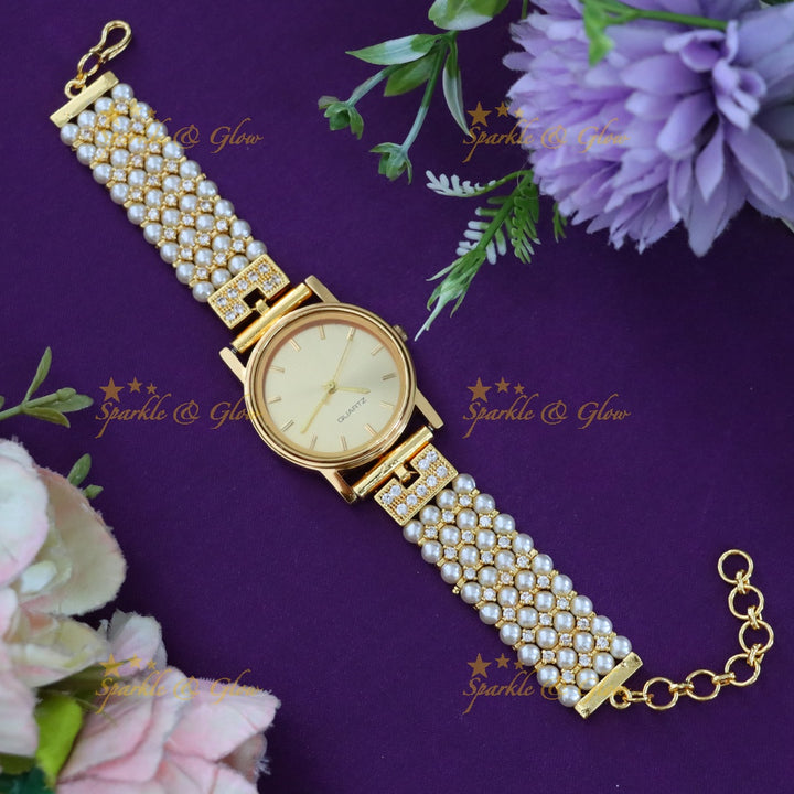 Elegant Gold-Plated Pearl Watch Bracelet for Festive Looks
