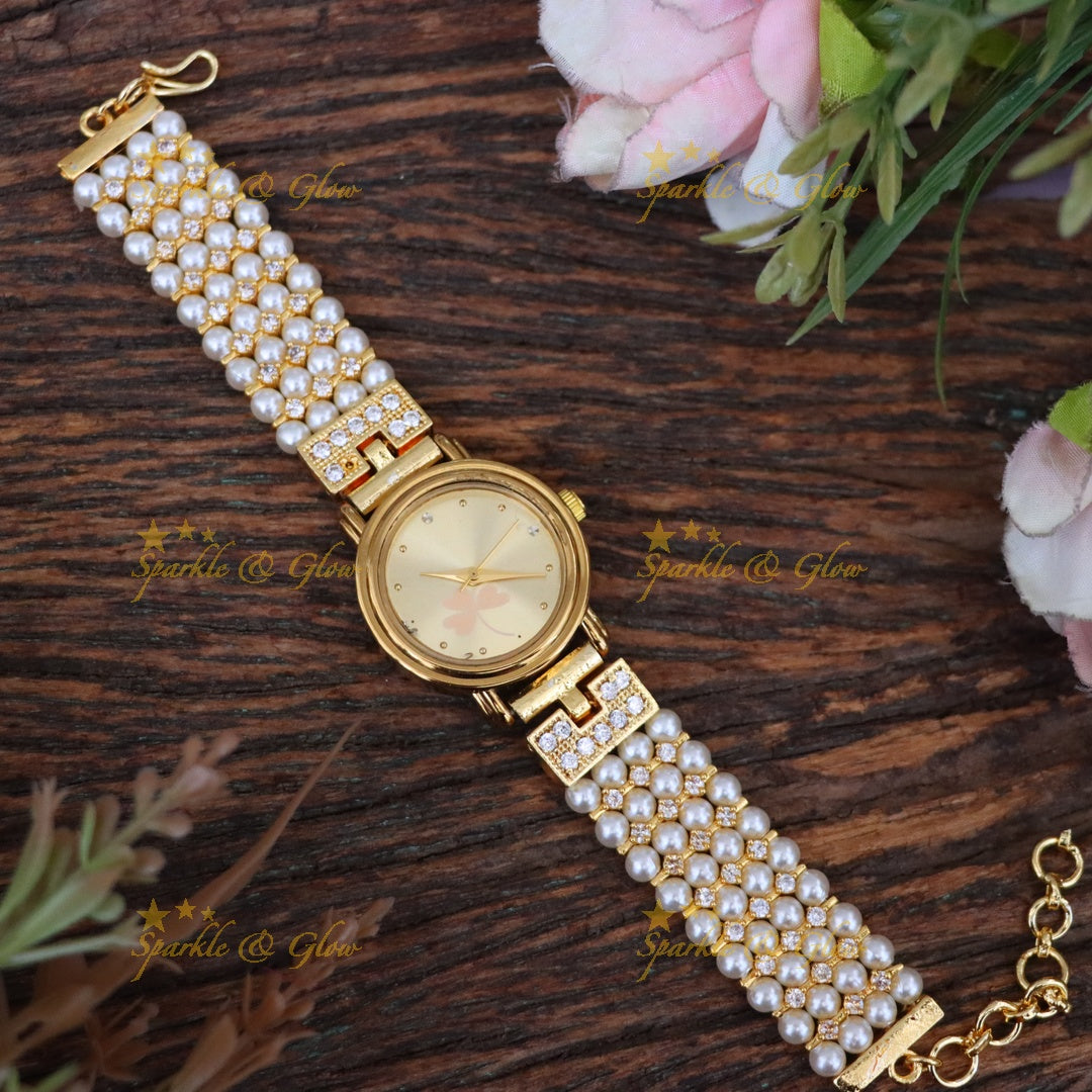 Elegant Gold-Plated Pearl Watch Bracelet for Festive Looks