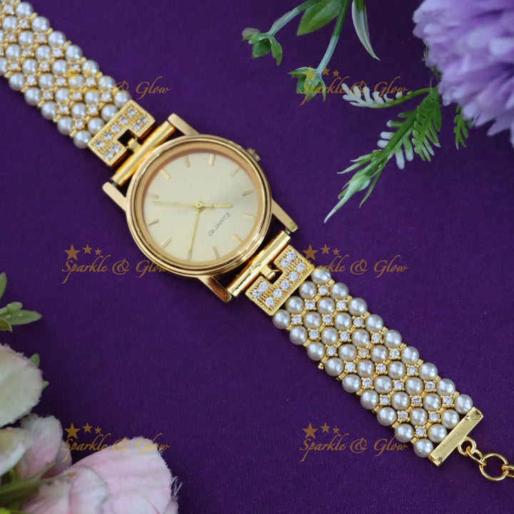 Elegant Gold-Plated Pearl Watch Bracelet for Festive Looks