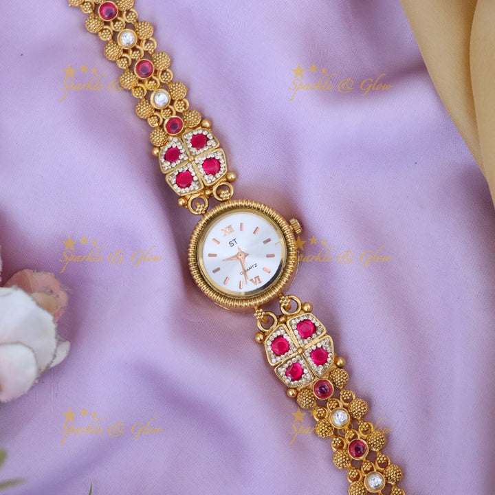 Gold Bracelet Watch with Ruby Accents - Sparkle & Glow