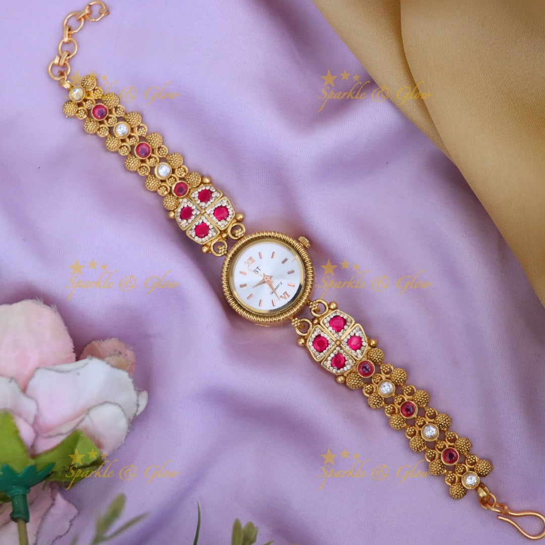 Gold Bracelet Watch with Ruby Accents - Sparkle & Glow