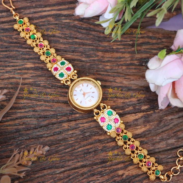 Gold Bracelet Watch with Ruby Accents - Sparkle & Glow
