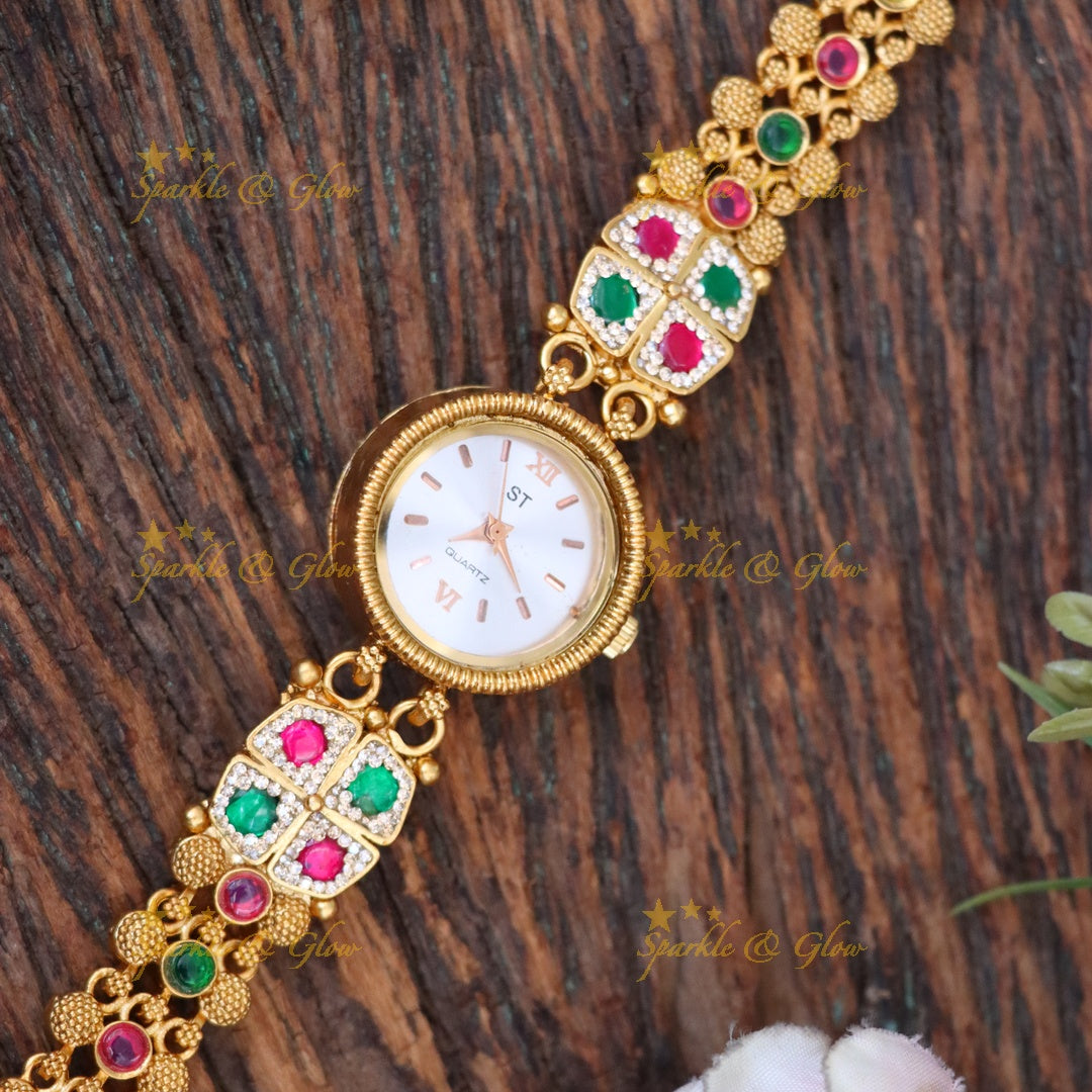 Gold Bracelet Watch with Ruby Accents - Sparkle & Glow