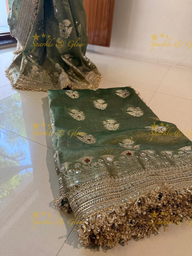 Enchanting Green Banarasi Tissue Saree for Celebrations