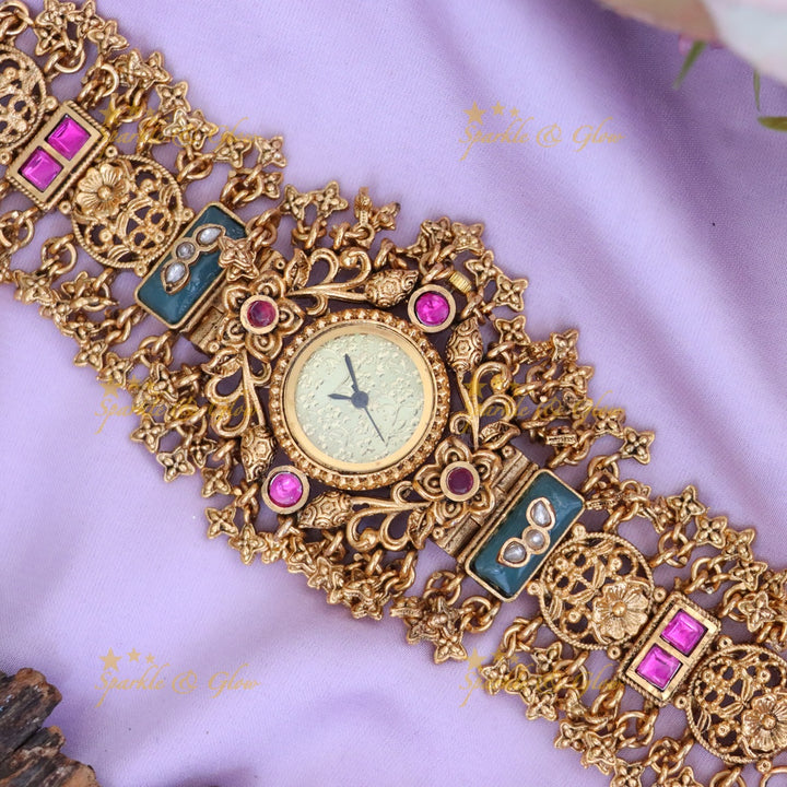 Exquisite Kundan Gold Bracelet Watch for Weddings