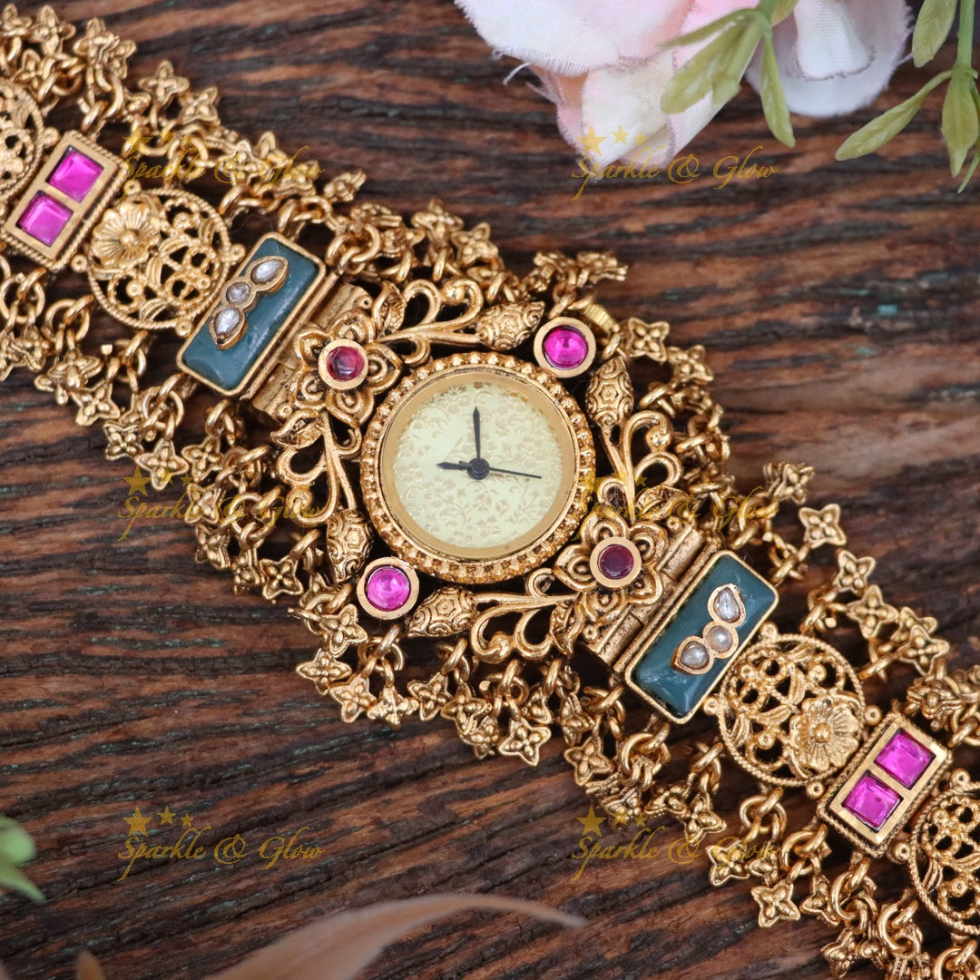 Exquisite Kundan Gold Bracelet Watch for Weddings