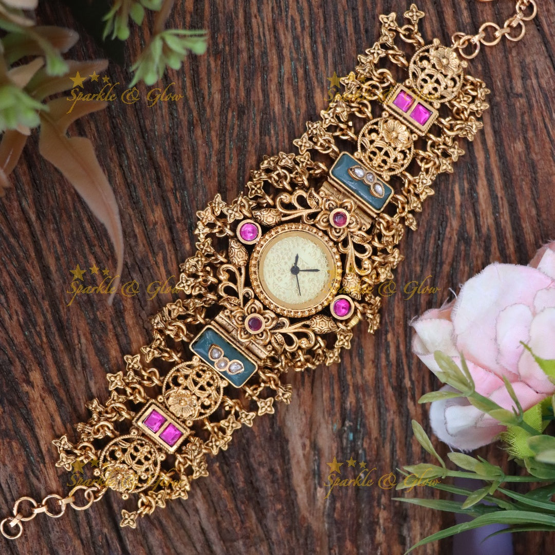 Exquisite Kundan Gold Bracelet Watch for Weddings