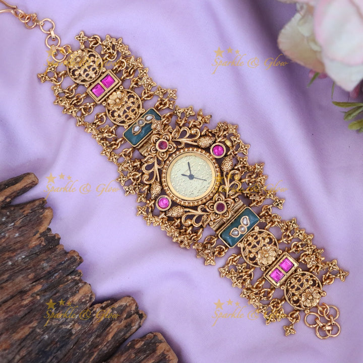 Exquisite Kundan Gold Bracelet Watch for Weddings