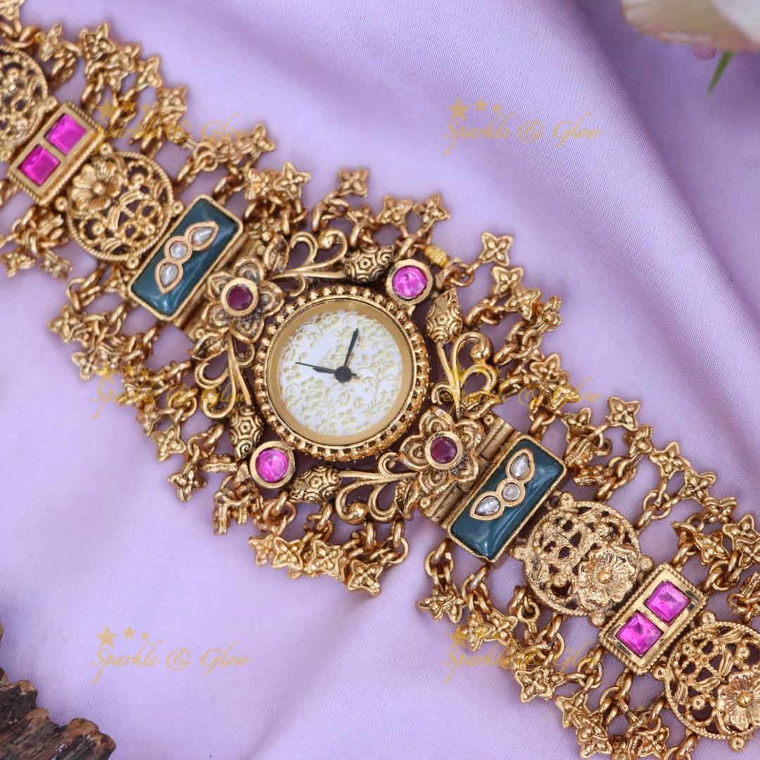 Exquisite Kundan Gold Bracelet Watch for Weddings