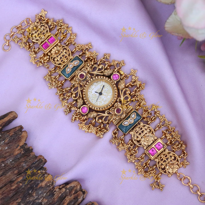 Exquisite Kundan Gold Bracelet Watch for Weddings