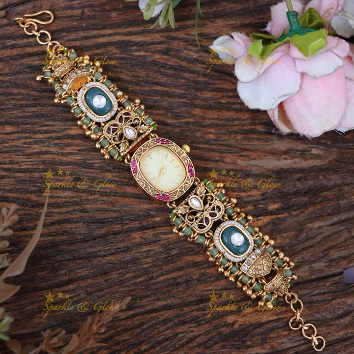Exquisite Antique Green Beads Bracelet Watch for Elegance