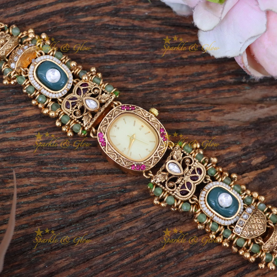 Exquisite Antique Green Beads Bracelet Watch for Elegance