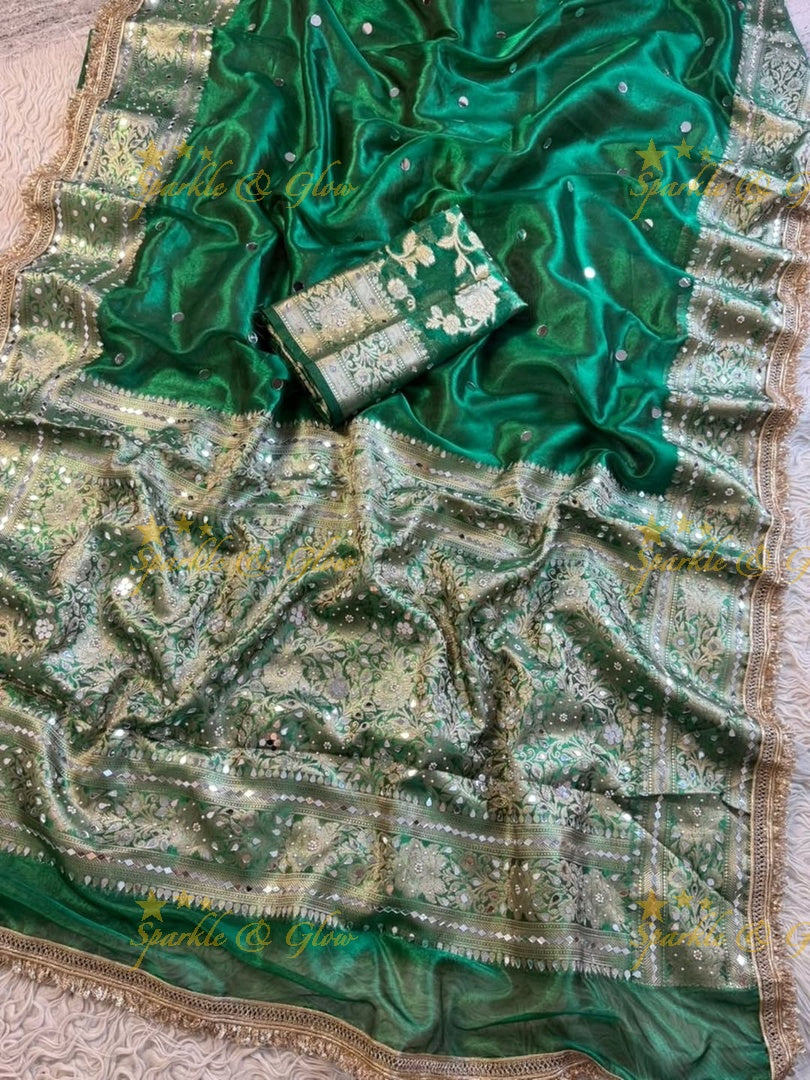 Banarasi Mirror Saree in Lush Green for Festive Elegance