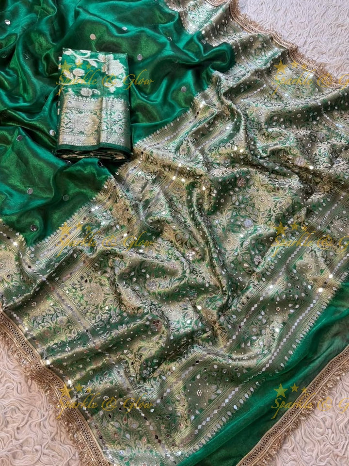 Banarasi Mirror Saree in Lush Green for Festive Elegance