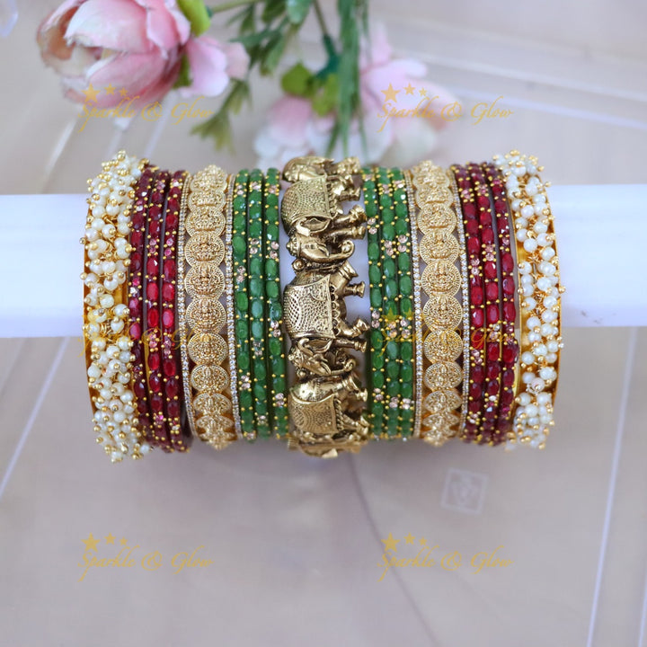 Elegant Coin Elephant Pearl Bridal Bangles Set