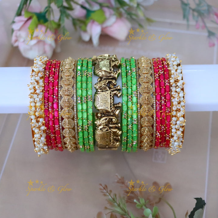 Elegant Coin Elephant Pearl Bridal Bangles Set