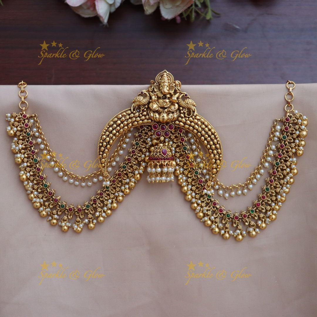 Temple Jada Billa with Green Bead Earchain Bridal Set .