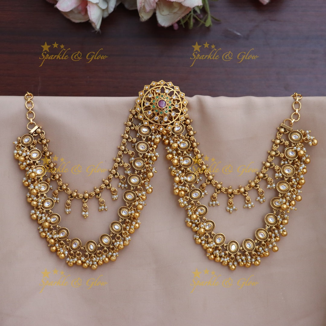 Temple Jada Billa with Green Bead Earchain Bridal Set