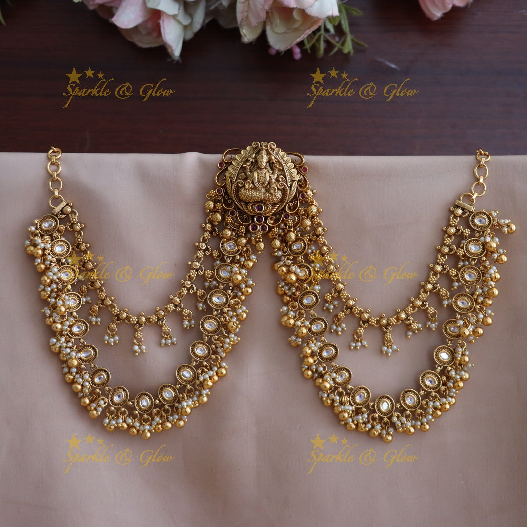 Lakshmi Floral Bead Bridal Jadabilla with Triple-Layer Ear Chain
