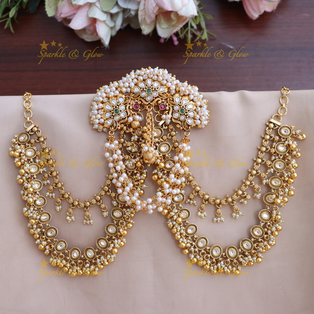 Exquisite Gold-Plated Pearl Hair Accessory with Five-Layer Pearl & Gold Bead Earchain