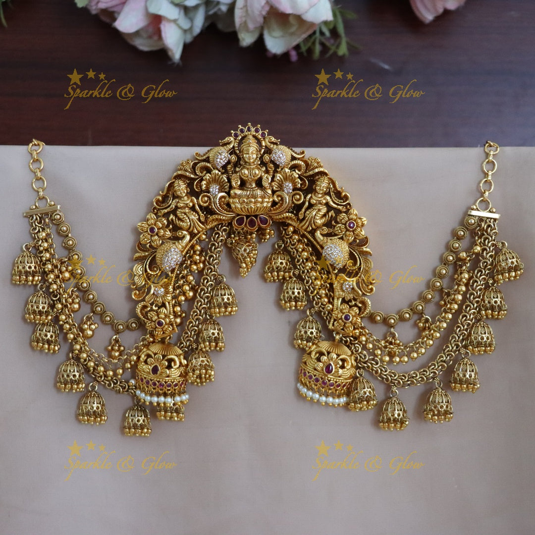 Lakshmi Floral Bead Bridal Jadabilla with Triple-Layer Ear Chain