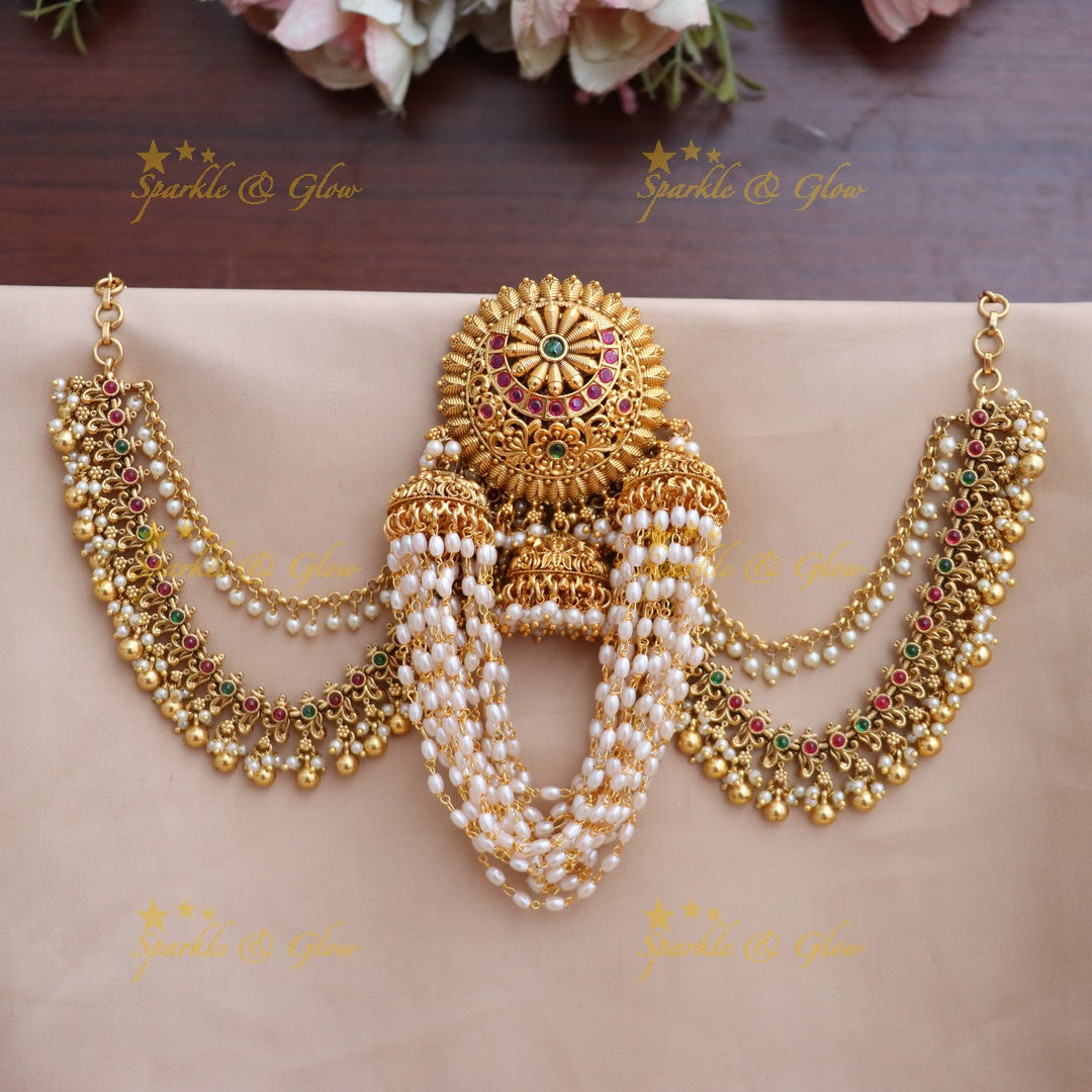 Exquisite Kemp Floral Pearl Hair Accessory Set with Five-Layer Pearl & Gold Bead Earchain