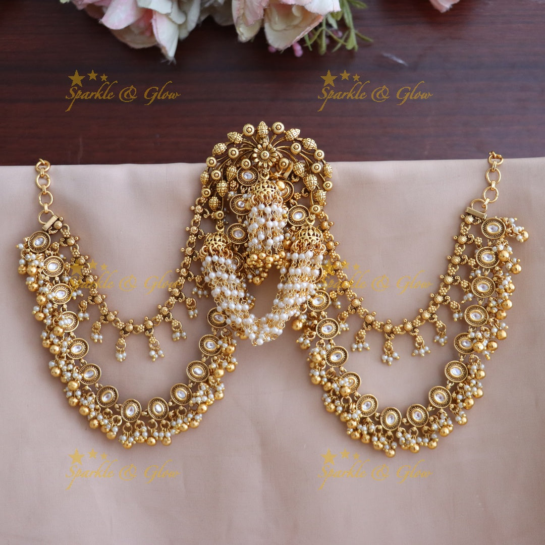 Floral Jhumka Hair Pin with Five-Layer Pearl Earchain Bridal Set