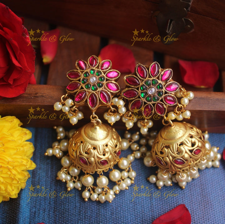 Real Jadau Kundan floral Jhumukas  - Red - Preorder - upto 30 days required once order is placed to make it. Cancellation not allowed