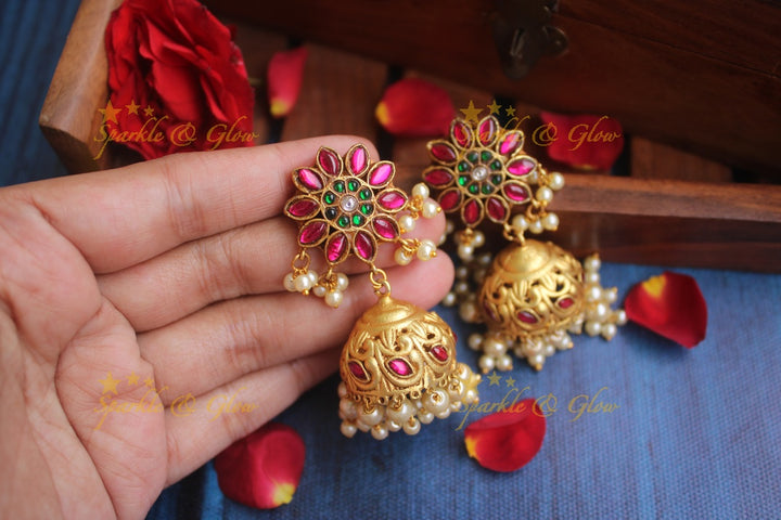 Real Jadau Kundan floral Jhumukas  - Red - Preorder - upto 30 days required once order is placed to make it. Cancellation not allowed