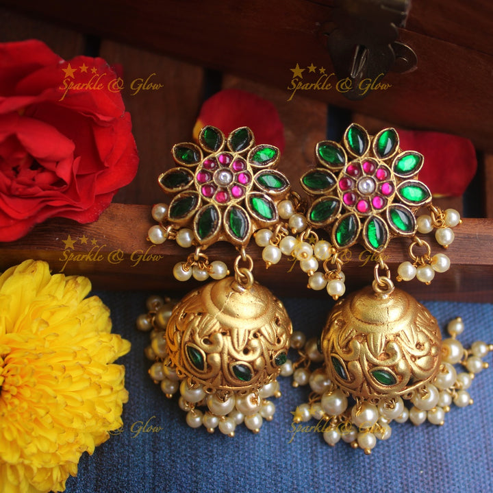 Real Jadau Kundan floral Jhumukas  - Green - READY TO SHIP