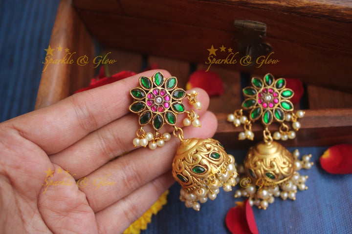 Real Jadau Kundan floral Jhumukas  - Green - READY TO SHIP