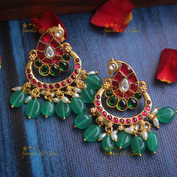 Real Jadau Kundan peacock bali with green beads
