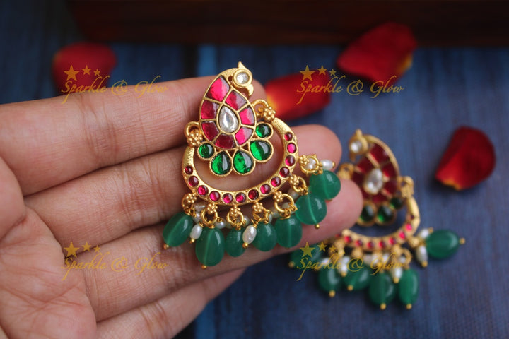Real Jadau Kundan peacock bali with green beads