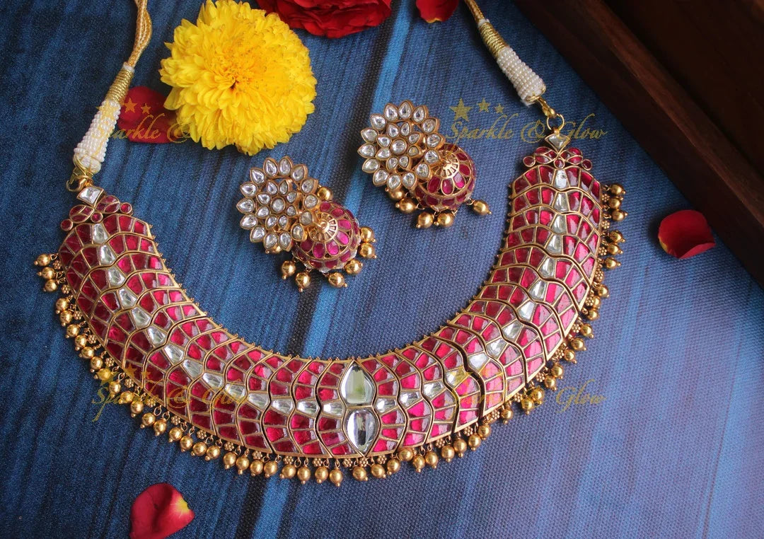 Jadau kundan silver replica necklace - Pink- Preorder - upto 30 days required once order is placed to make it. Cancellation not allowed - Sparkle and Glow