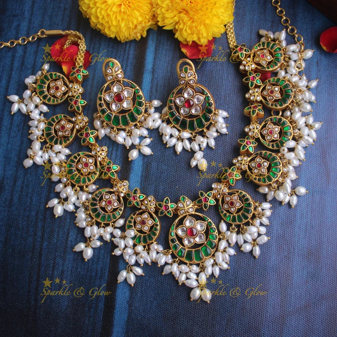 Jadau kundan rice pearl gutta pusalu necklace - White - Preorder - upto 30 days required once order is placed to make it. Cancellation not allowed - Sparkle and Glow