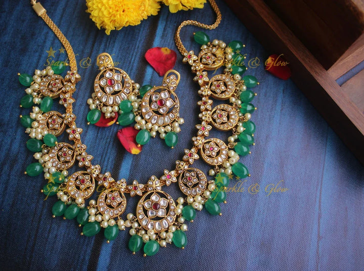 Jadau kundan rice pearl gutta pusalu necklace - White - Preorder - upto 30 days required once order is placed to make it. Cancellation not allowed - Sparkle and Glow