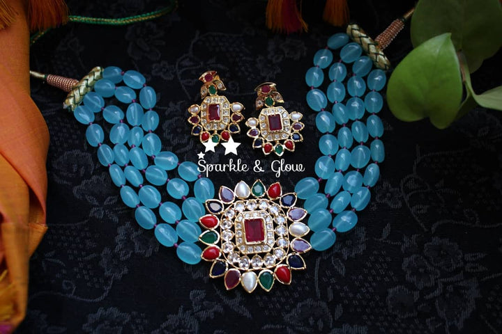 Navarathna pendent precious turquoise blue beads choker