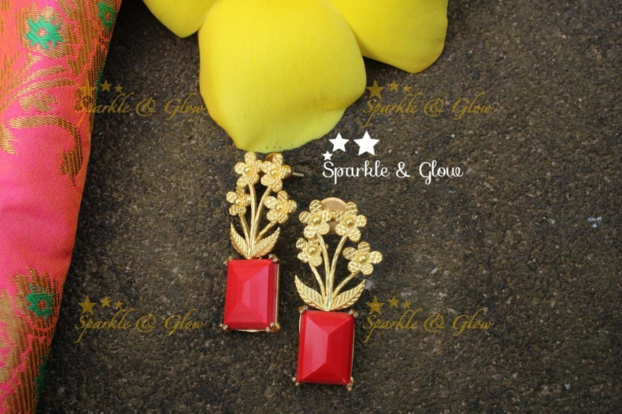 Statement Crystal party wear danglers - Sparkle and Glow - Coral Red - 