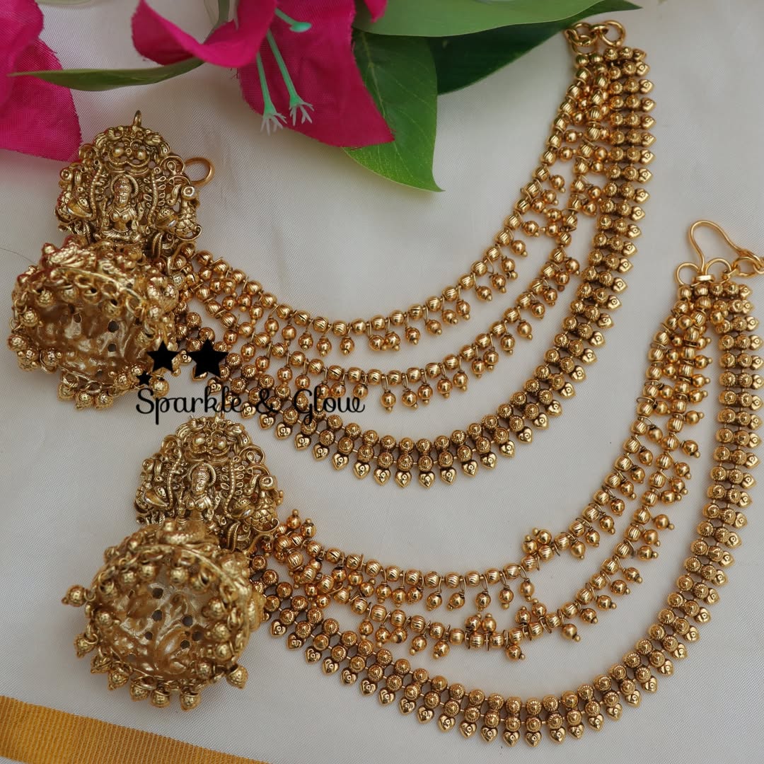 Elegant Lakshmi Gold alike Earrings with Earchain Combo