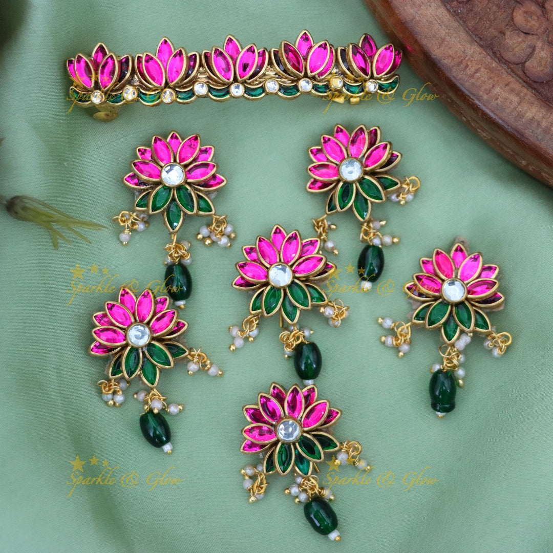 Elegant Pink & Green Floral Hair Clip for Bridal Beauty