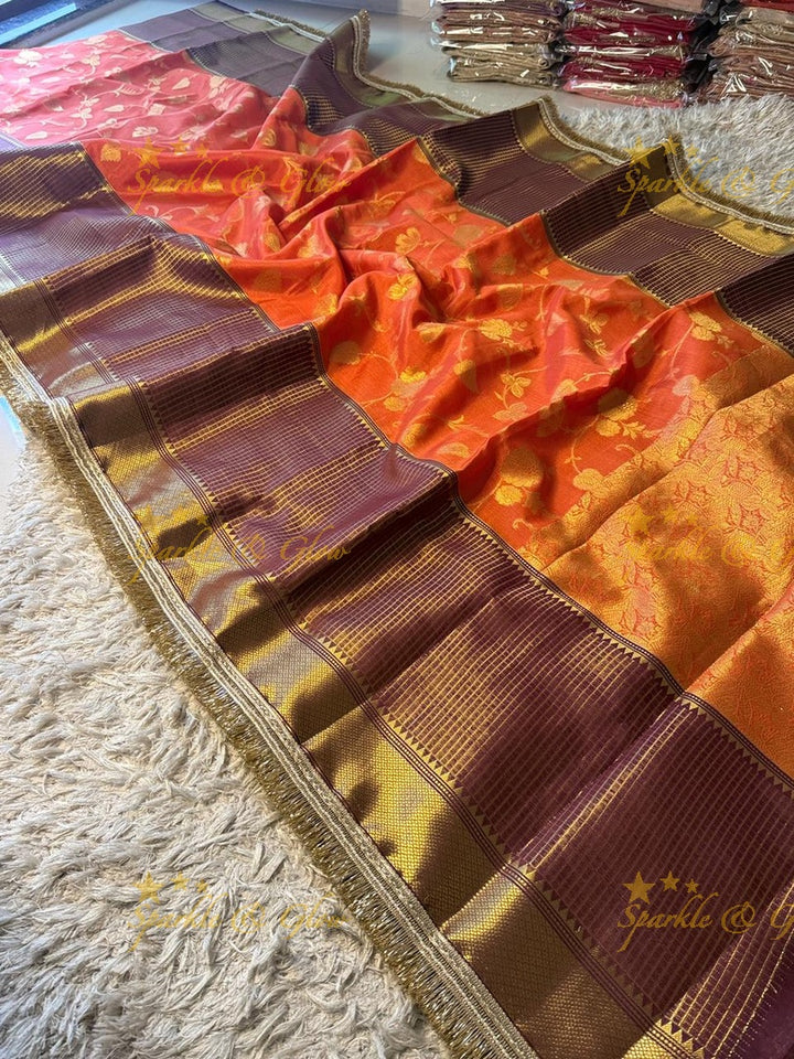 Exquisite Rust Orange Banarasi Saree - Festive Elegance