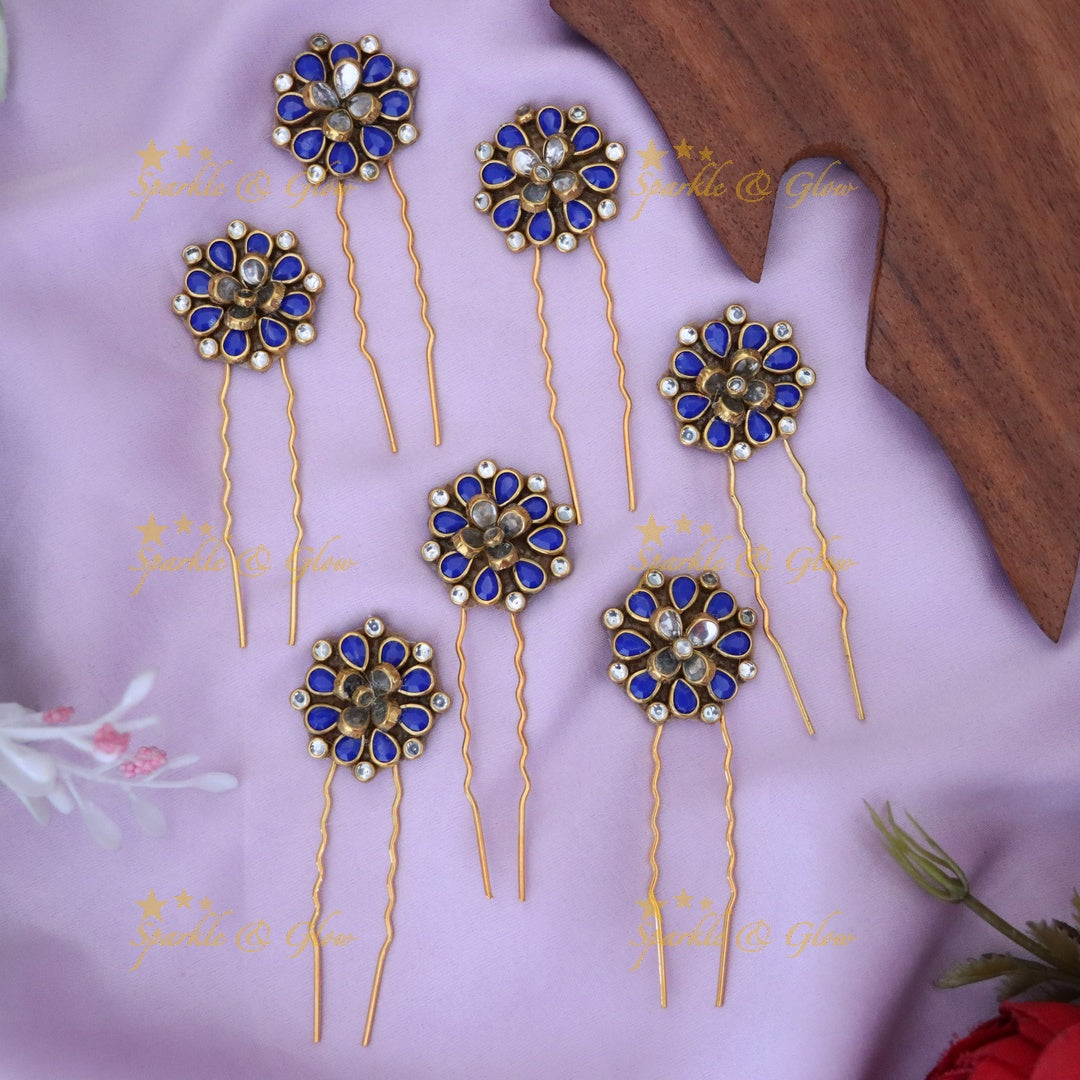 Exquisite Blue Floral Gold Hair Pins for Weddings- set of 7
