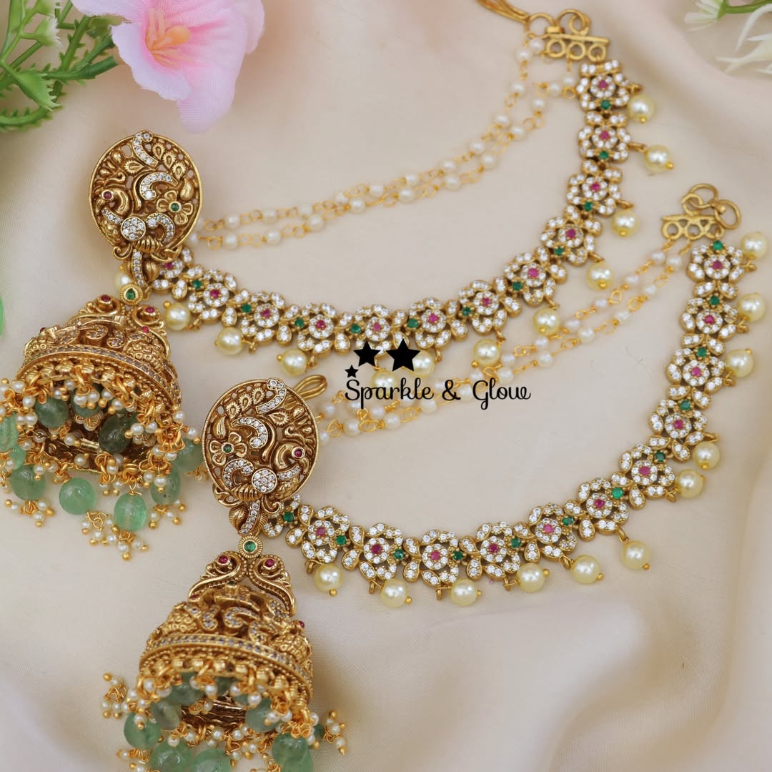 Exquisite CZ Peacock Earring & Earchain Set