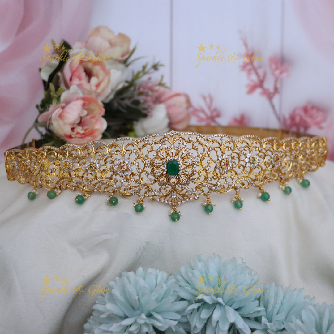 Exquisite Gold Plated Hip Belt with Emerald Jewels