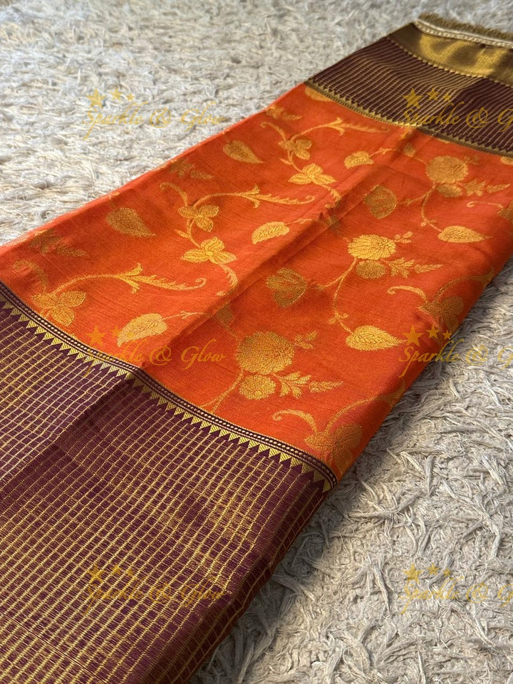 Exquisite Rust Orange Banarasi Saree - Festive Elegance