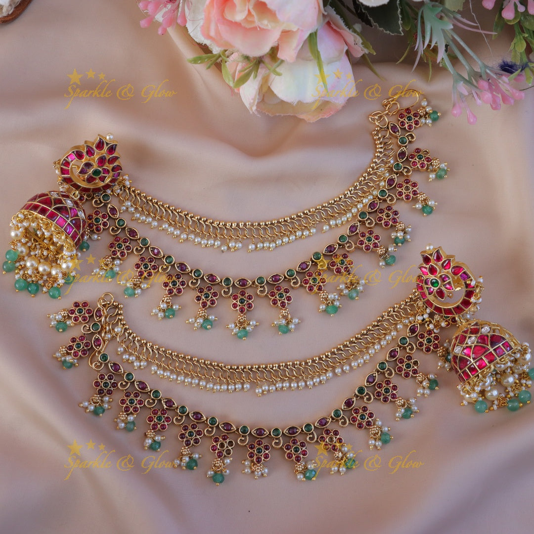 Lotus Kundan Earrings Earchain Set - Exquisite Elegance