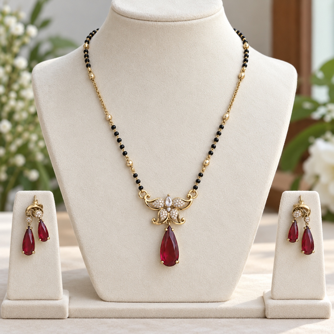 Floral Leaf Pendant Black Bead Mangalsutra