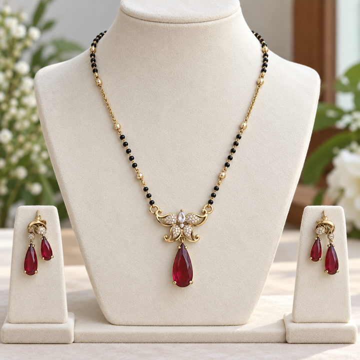 Floral Leaf Pendant Black Bead Mangalsutra
